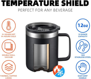 Stainless Steel Insulated Coffee Mug Tumbler with Handle, 12 oz 360ml Tumbler Cup with Lid for Hot & Cold Drinks