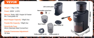 VEVOR 40MM Conical Burr Grind Setting Coffe Bean Electric Grinder Mocha Espresso Adjustment Coffee Machine for Home and Kitchen
